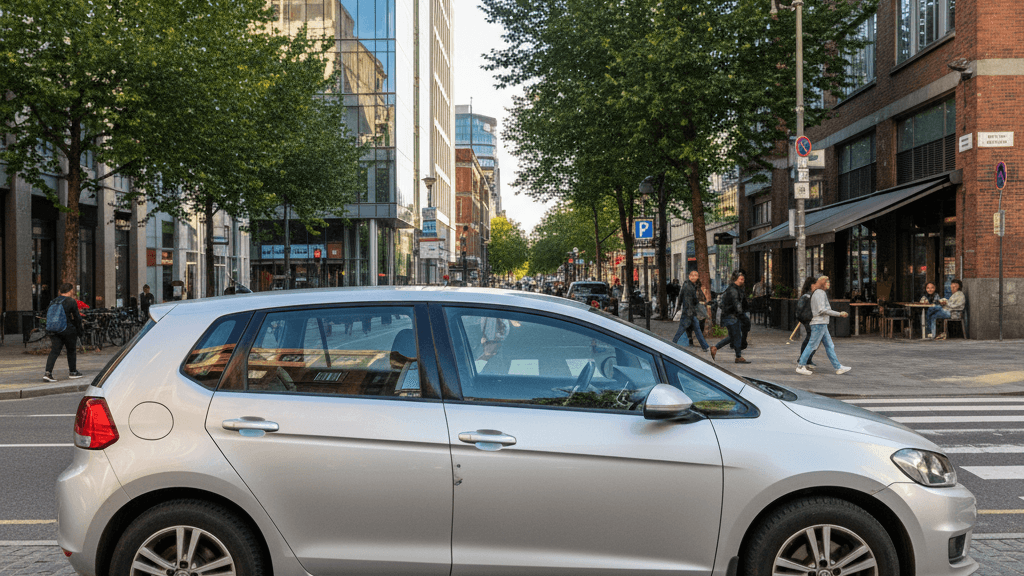 Vista de coches usados recomendados para ciudad, con un modelo compacto aparcado en una calle urbana rodeada de edificios y tráfico ligero.