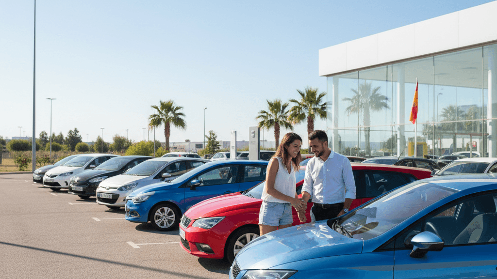 Imagen que ilustra coches de segunda mano baratos y fiables en España, mostrando varios modelos compactos en un concesionario español con una pareja revisando el vehículo