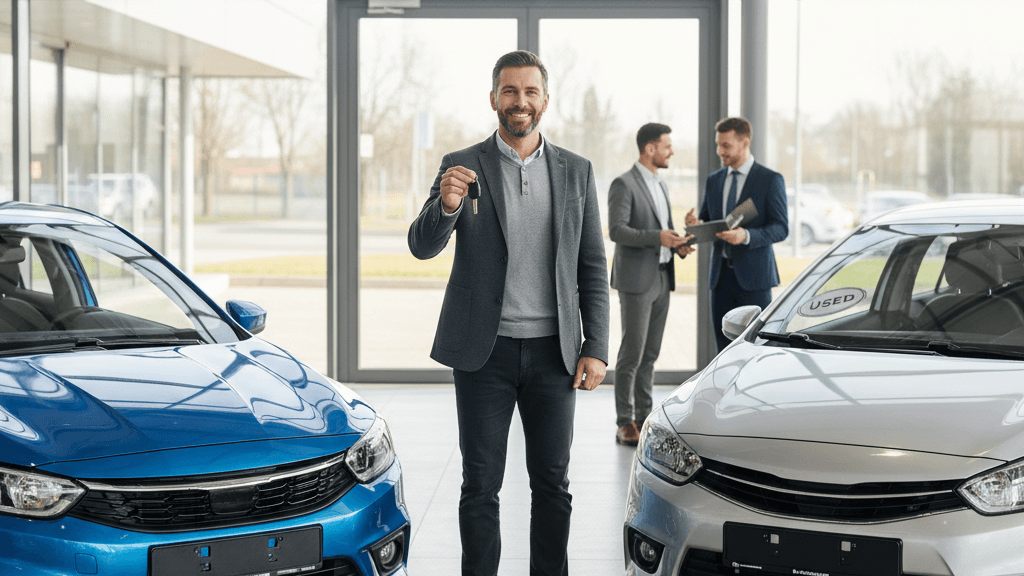 Imagen que muestra a una persona evaluando un coche nuevo y un coche seminuevo en un concesionario, ilustrando el proceso de cambio de coche y la comparación de opciones antes de decidir.