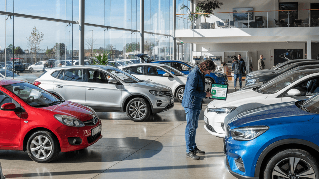 Imagen que ilustra qué coche de segunda mano comprar en 2026, mostrando una variedad de modelos usados como compactos, SUV y eléctricos en un concesionario y en una pantalla digital.