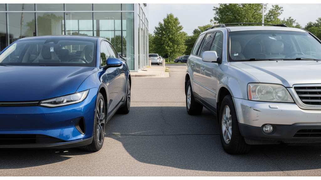Comparativa visual de costes y beneficios entre coche nuevo y vehículos seminuevos