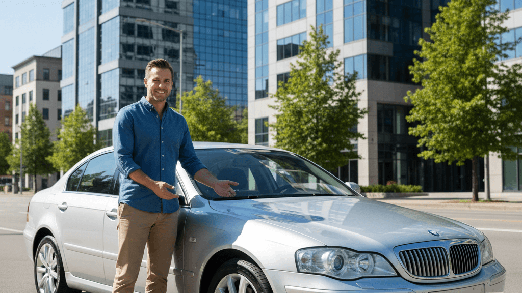 Imagen que muestra los mejores coches para comprar de segunda mano, con un vehículo usado en excelente estado y un comprador satisfecho, reflejando fiabilidad y buen precio
