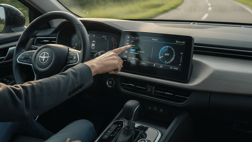 Eficiencia de combustible Motor híbrido enchufable en coche familiar usado mostrando bajo consumo